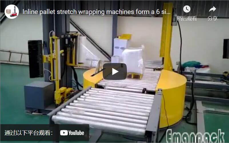 Six sided stretch wrapping packaging performed by inline pallet wrapper