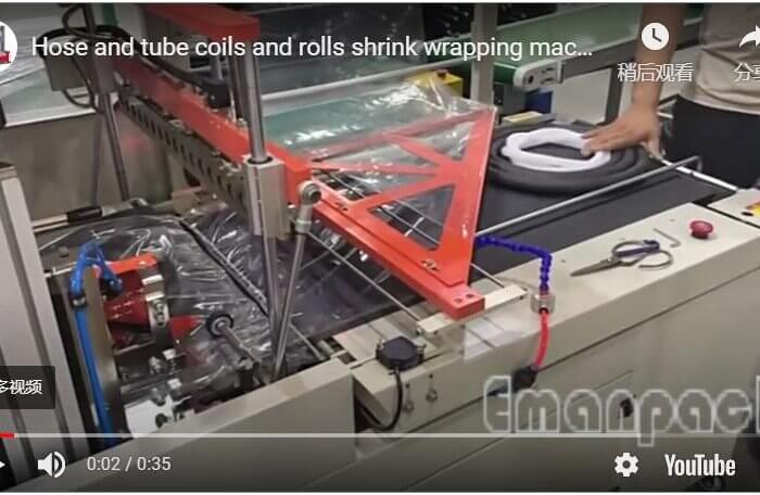 Hose and tube coils and rolls shrink wrapping machine