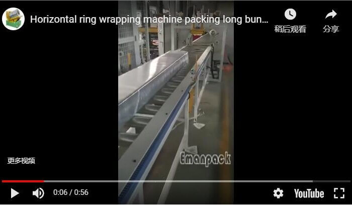 Horizontal ring wrapping machine packing long bundles and rods