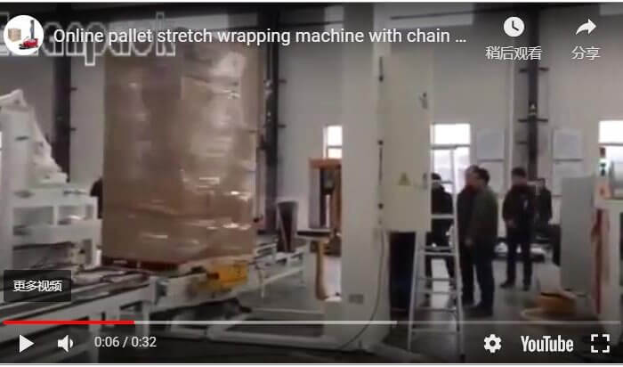 Online pallet stretch wrapping machine with chain conveyors