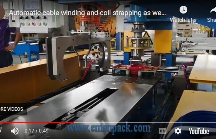 Automatic cable winding and coil strapping as well as shrink wrapping packaging