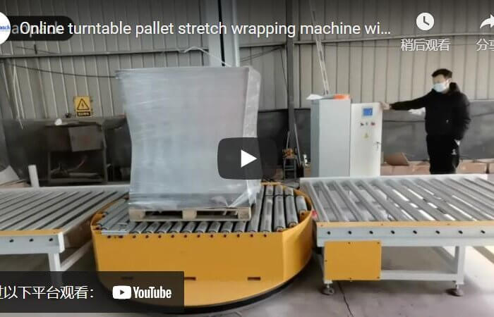 Online turntable pallet stretch wrapping machine with roller conveyors and automatic control program
