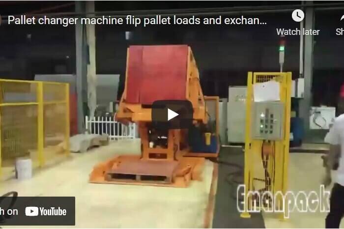 Pallet changer machine flip pallet loads and exchange pallets