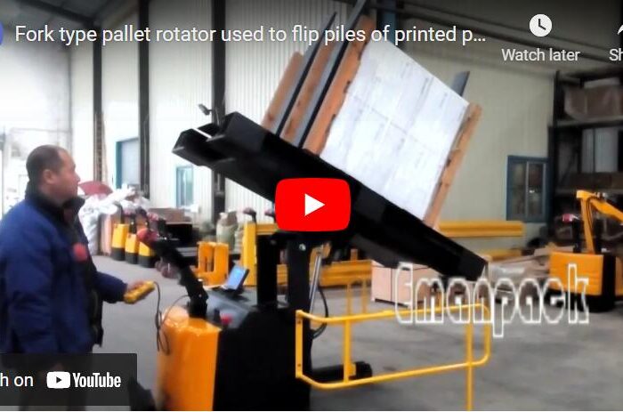 Fork type pallet rotator used to flip piles of printed paper